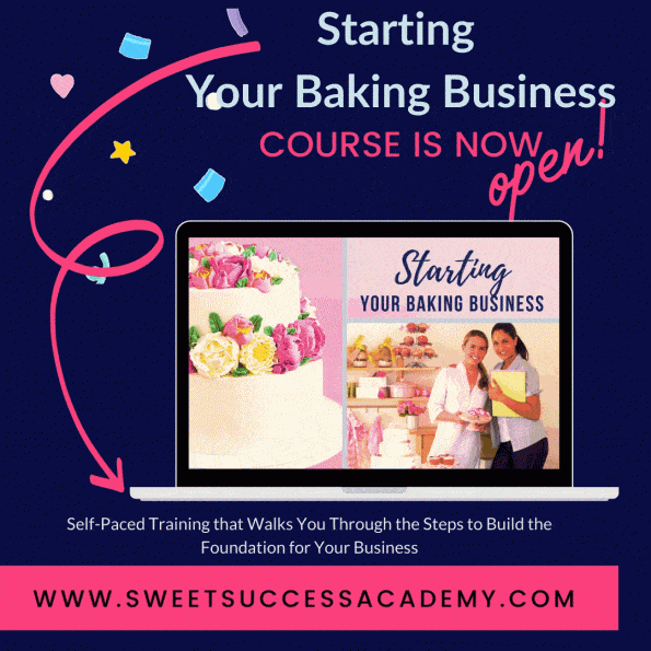 Starting Your Baking Business Course is Now Open! Self-paced training that walks you through the steps to build the foundation for your business. Laptop computer with two women bakers in their office, picture of white wedding cake with bright pink flowers